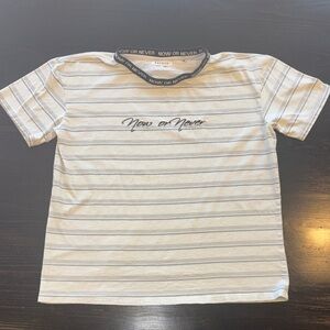 PacSun White & Light Gray Striped Tee with 'Now or Never' Script